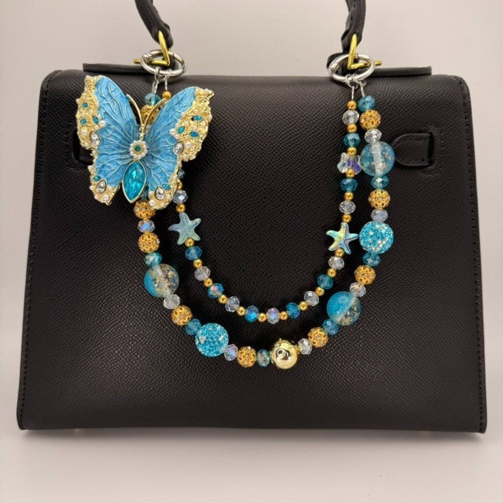 Blue Butterfly Beaded Bag Chain Purse Charm Handmade Jeweled Handbag Accessory